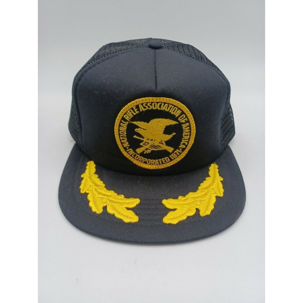 Vintage NRA Black Mesh Back Snapback Trucker Hat Cap Patch Gold Leaf